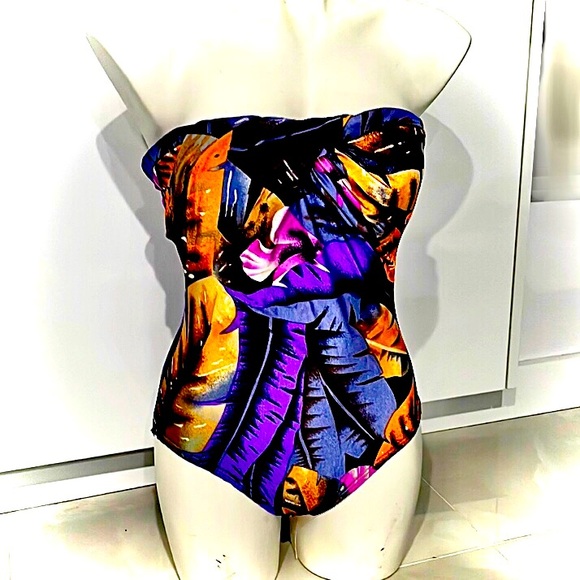 Pierre Cardin Vintage Strapless Ruched One Piece Bathing Suit Swimsuit Tropical